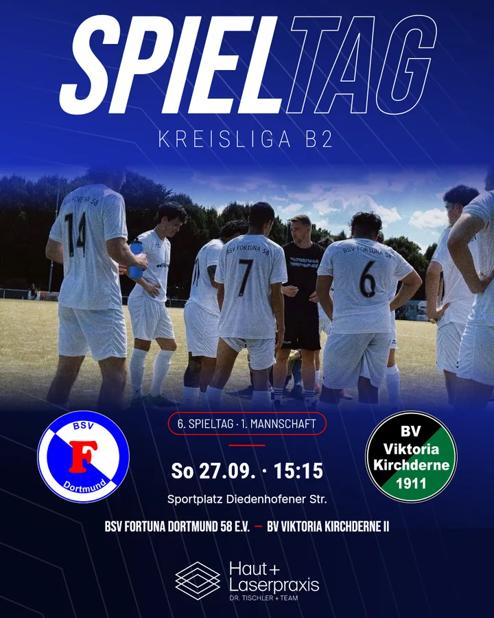 Beispiel: Spieltags-Post der 1. Mannschaft, unten das Logo des Mannschaftssponsors Haut + Laserpraxis